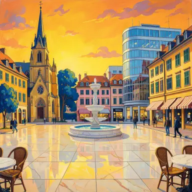 a sunlit city square with a fountain and buildings of different eras, fauvism style, FLUX.2