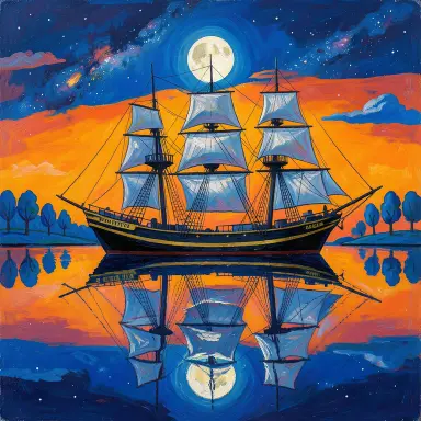 a clipper ship on a mirror-flat sea under the full moon, fauvism style, FLUX.2
