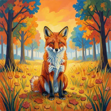 a red fox sitting in an autumn clearing, fauvism style, FLUX.2