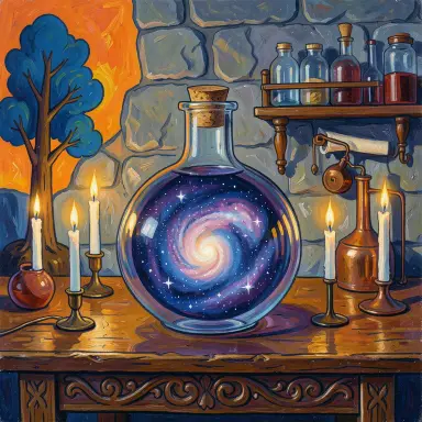 a galaxy swirling inside a glass flask in an alchemist's laboratory, fauvism style, FLUX.2