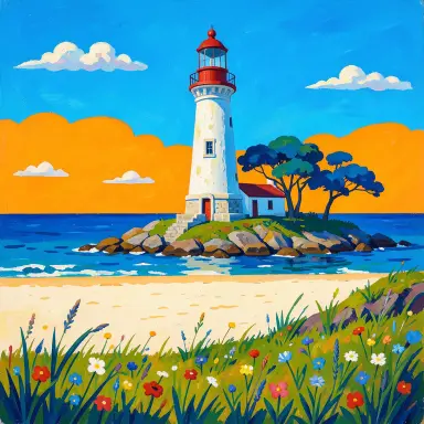 a lighthouse on a rocky islet, beach and dunes in front, fauvism style, FLUX.2