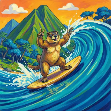 a marmot surfing a big wave, flashing a V sign, fauvism style, FLUX.2