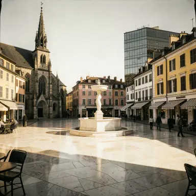 a sunlit city square with a fountain and buildings of different eras, film noir style, FLUX.2