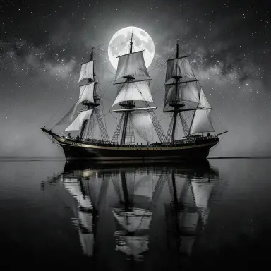 a clipper ship on a mirror-flat sea under the full moon, film noir style, FLUX.2