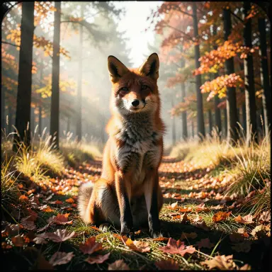 a red fox sitting in an autumn clearing, film noir style, FLUX.2