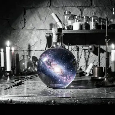 a galaxy swirling inside a glass flask in an alchemist's laboratory, film noir style, FLUX.2