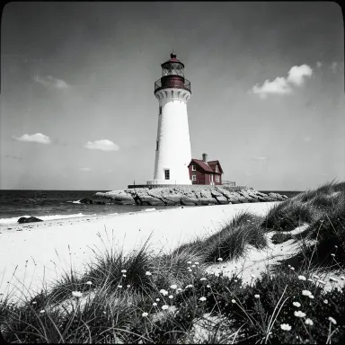 a lighthouse on a rocky islet, beach and dunes in front, film noir style, FLUX.2