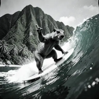 a marmot surfing a big wave, flashing a V sign, film noir style, FLUX.2