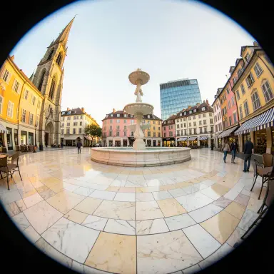 a sunlit city square with a fountain and buildings of different eras, fisheye style, FLUX.2
