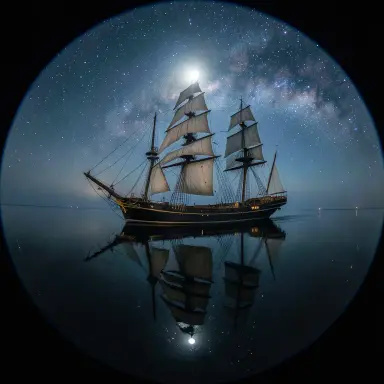 a clipper ship on a mirror-flat sea under the full moon, fisheye style, FLUX.2
