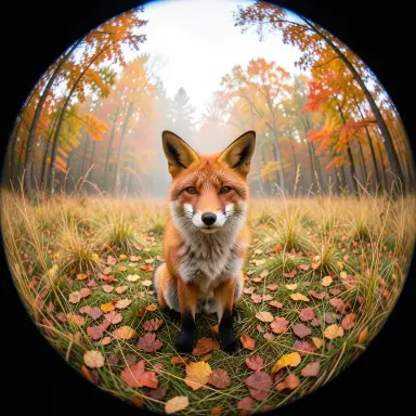 a red fox sitting in an autumn clearing, fisheye style, FLUX.2