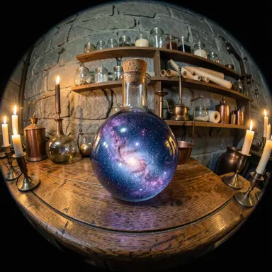 a galaxy swirling inside a glass flask in an alchemist's laboratory, fisheye style, FLUX.2