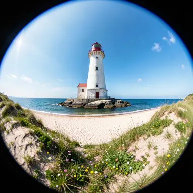 a lighthouse on a rocky islet, beach and dunes in front, fisheye style, FLUX.2