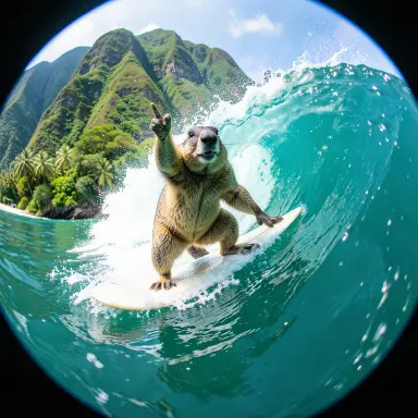 a marmot surfing a big wave, flashing a V sign, fisheye style, FLUX.2