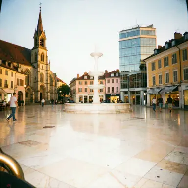 a sunlit city square with a fountain and buildings of different eras, flash snapshot style, FLUX.2