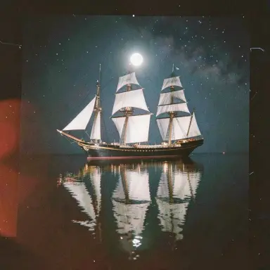 a clipper ship on a mirror-flat sea under the full moon, flash snapshot style, FLUX.2