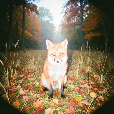 a red fox sitting in an autumn clearing, flash snapshot style, FLUX.2