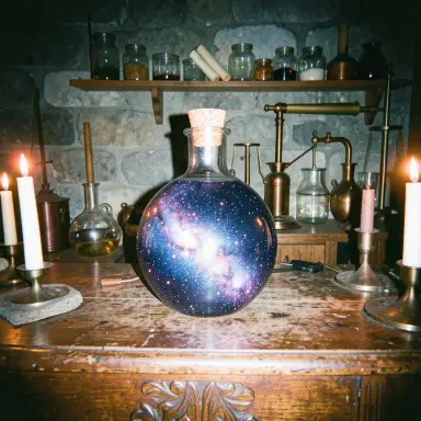 a galaxy swirling inside a glass flask in an alchemist's laboratory, flash snapshot style, FLUX.2