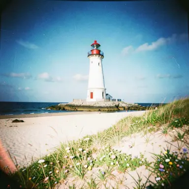 a lighthouse on a rocky islet, beach and dunes in front, flash snapshot style, FLUX.2