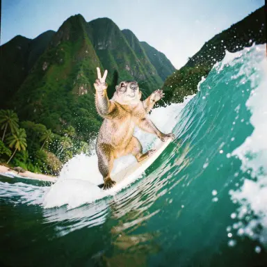 a marmot surfing a big wave, flashing a V sign, flash snapshot style, FLUX.2