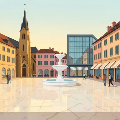 a sunlit city square with a fountain and buildings of different eras, flat vector style, FLUX.2