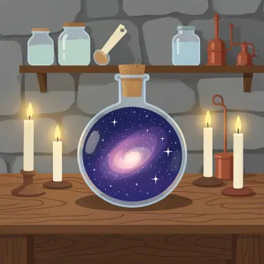 a galaxy swirling inside a glass flask in an alchemist's laboratory, flat vector style, FLUX.2