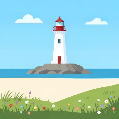 a lighthouse on a rocky islet, beach and dunes in front, flat vector style, FLUX.2