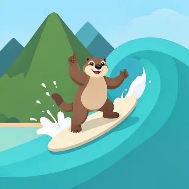 a marmot surfing a big wave, flashing a V sign, flat vector style, FLUX.2