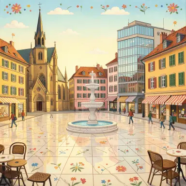 a sunlit city square with a fountain and buildings of different eras, folk art style, FLUX.2