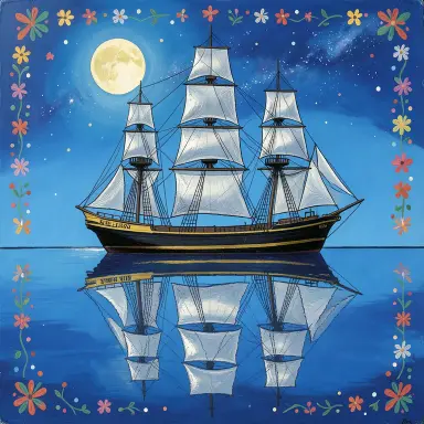 a clipper ship on a mirror-flat sea under the full moon, folk art style, FLUX.2