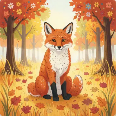 a red fox sitting in an autumn clearing, folk art style, FLUX.2
