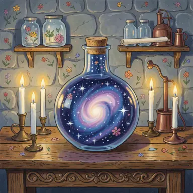 a galaxy swirling inside a glass flask in an alchemist's laboratory, folk art style, FLUX.2