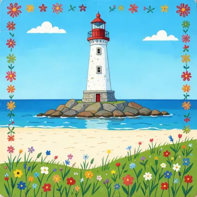 a lighthouse on a rocky islet, beach and dunes in front, folk art style, FLUX.2