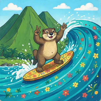 a marmot surfing a big wave, flashing a V sign, folk art style, FLUX.2