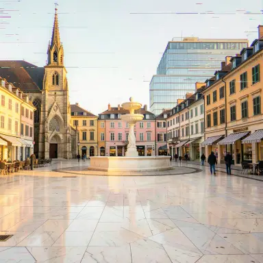 a sunlit city square with a fountain and buildings of different eras, glitch art style, FLUX.2