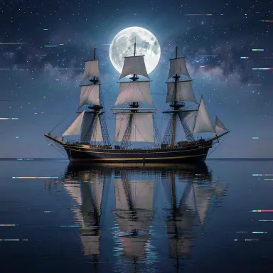 a clipper ship on a mirror-flat sea under the full moon, glitch art style, FLUX.2