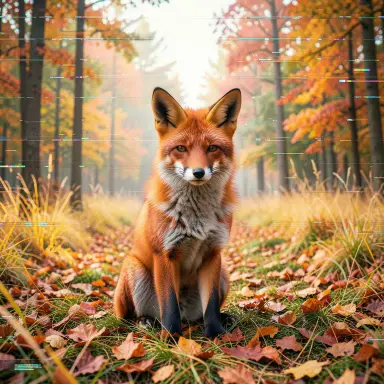 a red fox sitting in an autumn clearing, glitch art style, FLUX.2
