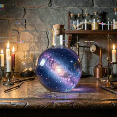 a galaxy swirling inside a glass flask in an alchemist's laboratory, glitch art style, FLUX.2