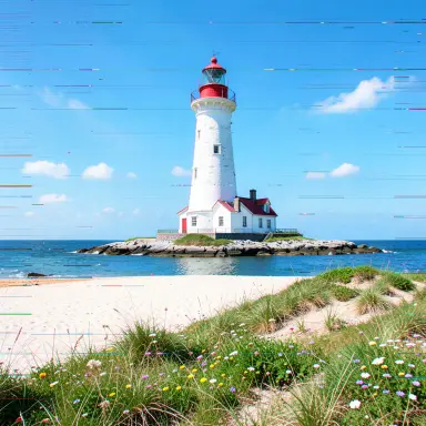 a lighthouse on a rocky islet, beach and dunes in front, glitch art style, FLUX.2