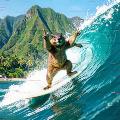 a marmot surfing a big wave, flashing a V sign, glitch art style, FLUX.2