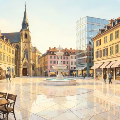 a sunlit city square with a fountain and buildings of different eras, gouache style, FLUX.2