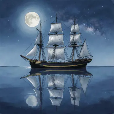 a clipper ship on a mirror-flat sea under the full moon, gouache style, FLUX.2