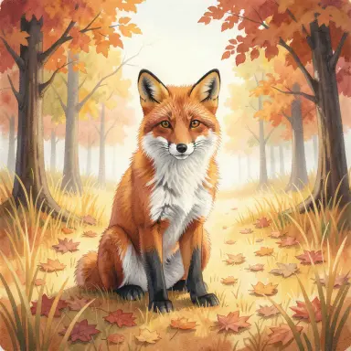 a red fox sitting in an autumn clearing, gouache style, FLUX.2