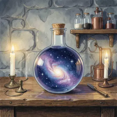 a galaxy swirling inside a glass flask in an alchemist's laboratory, gouache style, FLUX.2