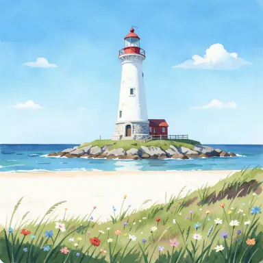 a lighthouse on a rocky islet, beach and dunes in front, gouache style, FLUX.2