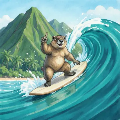 a marmot surfing a big wave, flashing a V sign, gouache style, FLUX.2