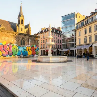 a sunlit city square with a fountain and buildings of different eras, graffiti style, FLUX.2