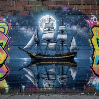 a clipper ship on a mirror-flat sea under the full moon, graffiti style, FLUX.2