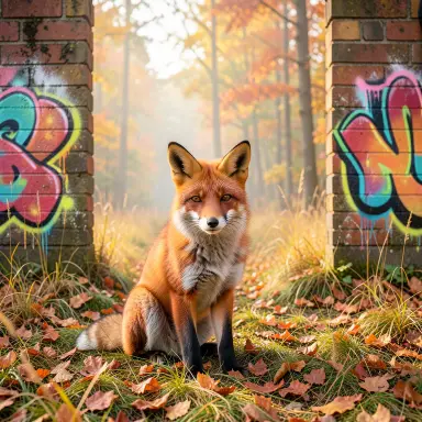 a red fox sitting in an autumn clearing, graffiti style, FLUX.2