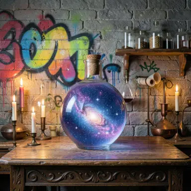 a galaxy swirling inside a glass flask in an alchemist's laboratory, graffiti style, FLUX.2